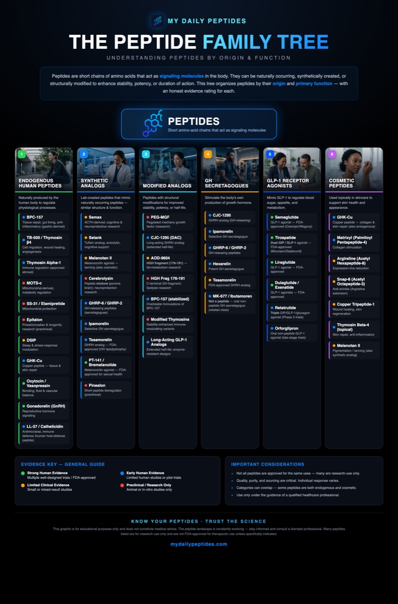 The Peptide Family Tree infographic — six families of peptides organized by origin and function